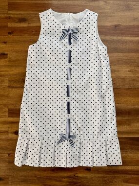 Florence Eiseman Girls White Navy Blue Polka Dot Pleated Bows Shift Dress 6